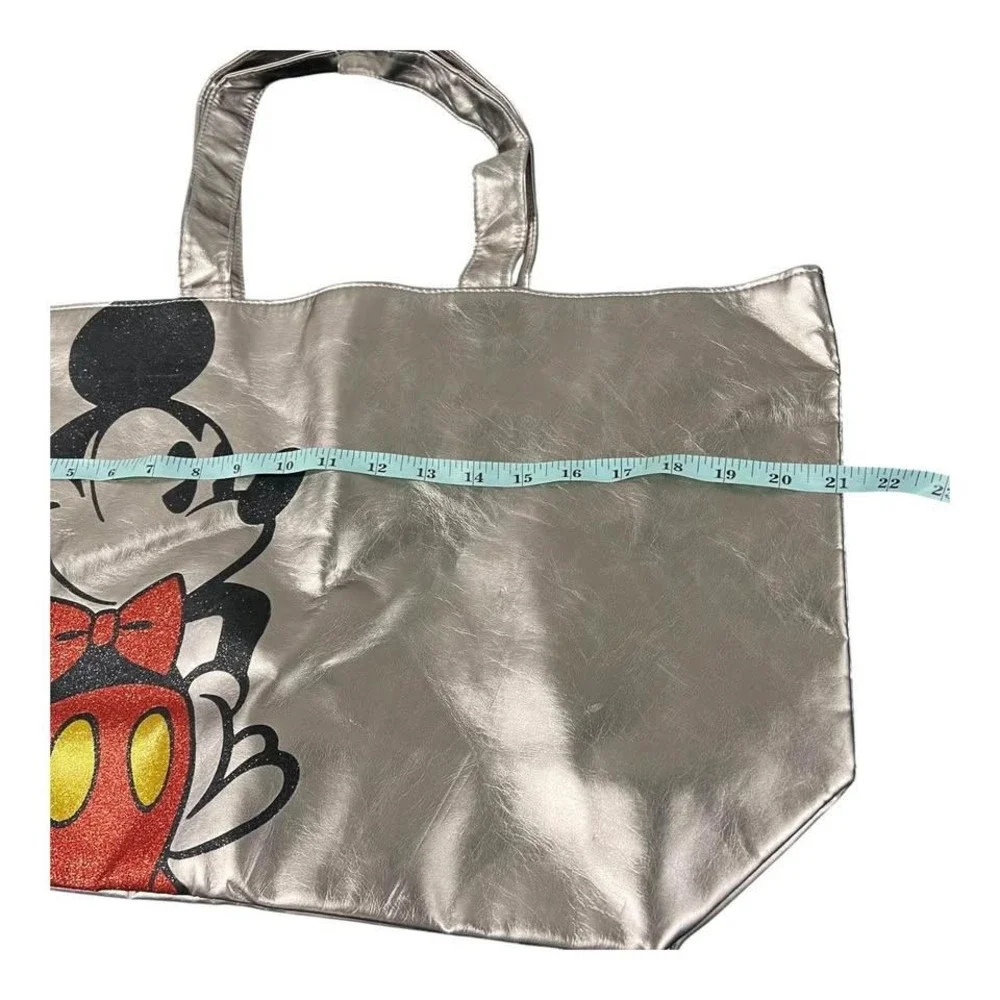 Disney Parks Large Silver Tote Bag Mickey Mouse Faux Leather w/Mickey Lining